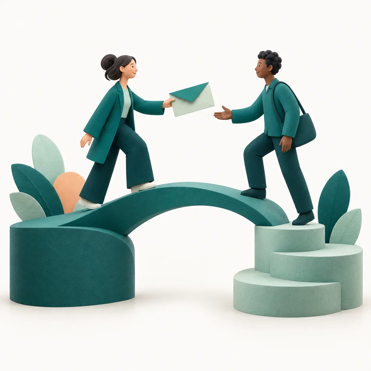 Two people exchange an introduction across a curved teal bridge, connecting to a new career step.